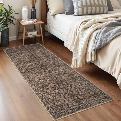 2x5 Washable Rug Rust Small Area Rug for Entryway, Soft Non-Slip Indoor Door Mat Distressed Floral Low-Pile Kitchen Rugs, Neutral Vintage Carpet for Entrance Kitchen Bedside Farmhouse