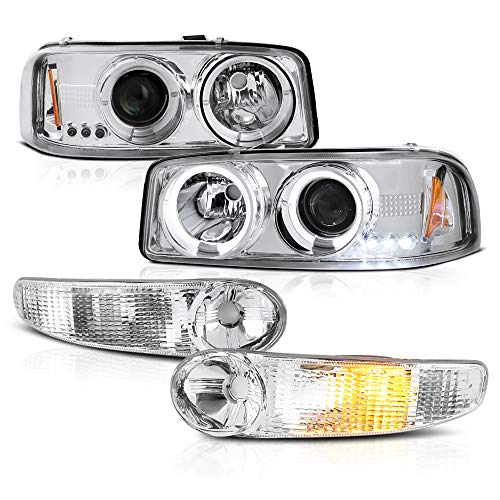 VIPMOTOZ Chrome LED Halo Ring Projector Headlight + Front Bumper Parking Turn Signal Lamp Housing Assembly Replacement For 1999-2006 GMC Sierra 1500 2500 3500 Yukon XL Denali