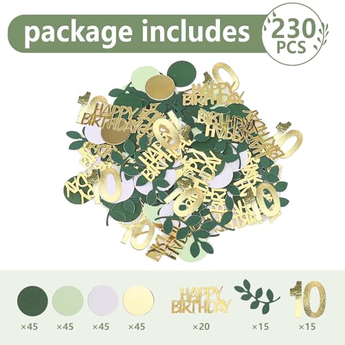Image of Sage Green 10th Happy Birthday Confetti, 10th Birthday Table Decorations Scatter Green Gold Foil Cake Confetti Decorations for 10 Bday Boys Girls Party Decor 230 Pcs