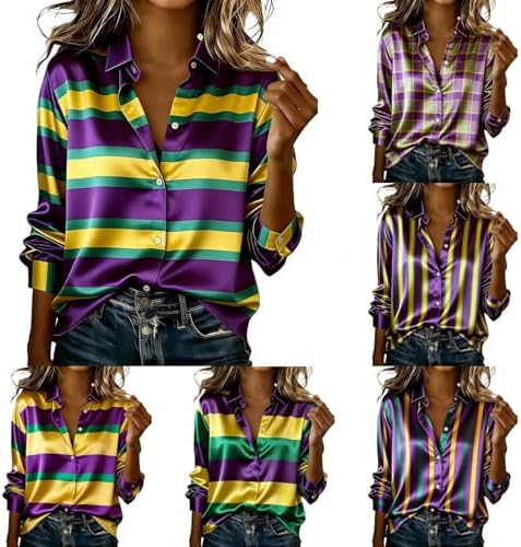 Women's Mardi Gras Shirt Mardi Gras Outfit for Women 2026 Striped Collar Shirt Casual Costume Long Sleeve Blouse