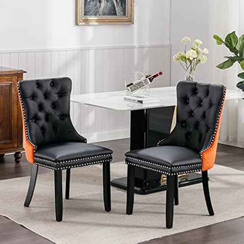 i-POOK PU Upholstered Dining Chairs Set of 2, Wingback Dining Room Chairs with Ring Pull, Nailhead Trim and Tufted Button Back, Luxury Dining Chairs for Living Room Kitchen, Black+Orange Cover