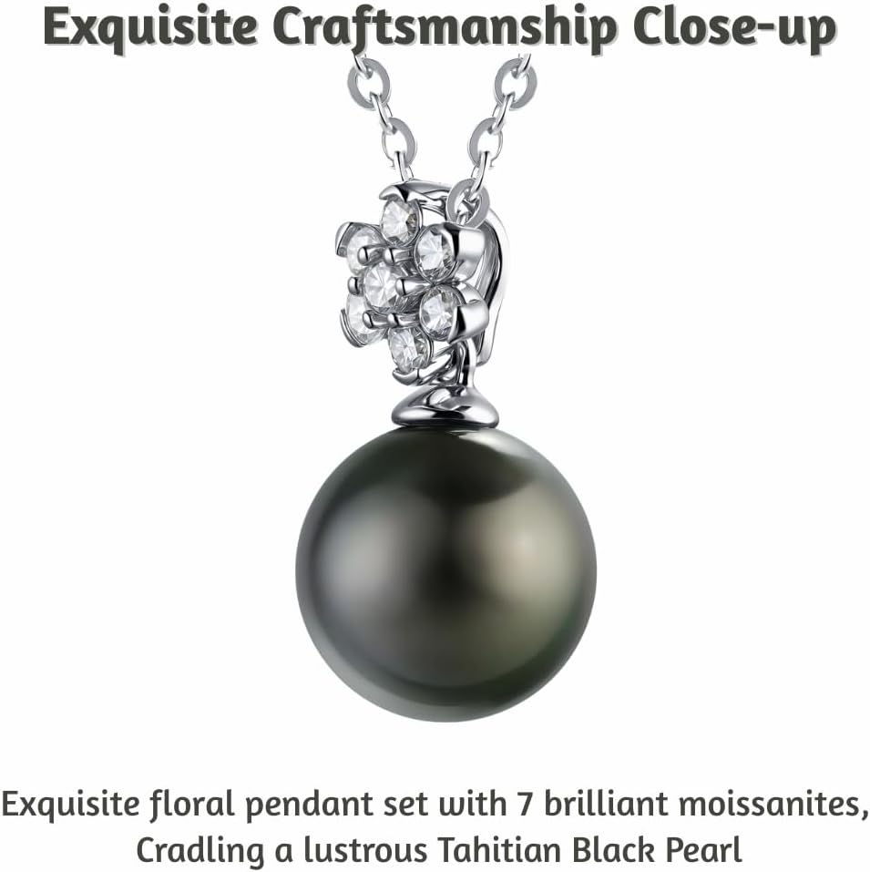 Lunar Belle Black Pearl Drop Pendant with Moissanite Flower Design, 925 Sterling Silver Jewelry, Wedding Gift for HerWoemn Girlfriend Birthday (Deep Sea Blossom) - Image 3