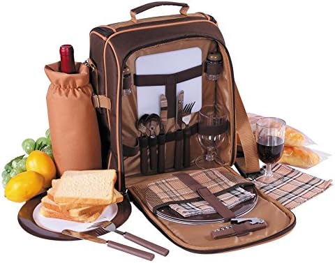 Apollowalker 2 Person Coffee Picnic Backpack Hamper with Cooler Compartment Includes Tableware