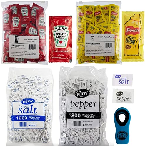 Salt, Pepper, Ketchup, & Mustard Packets - 1,200 Njoy Salt, 800 Njoy Pepper, 50 Heinz Ketchup, & 50 French's Mustard Packets Wtih Cmc Products Chip Clips #TOP16