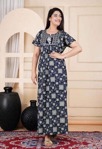 Image of DIAMO Pure Cotton Embroidery Nighty for Women, Night Gown for Woman, Cotton Nighty for Women, Maxi Night Gown Nighty with a Pocket and Adjustable Knot (Free Size)