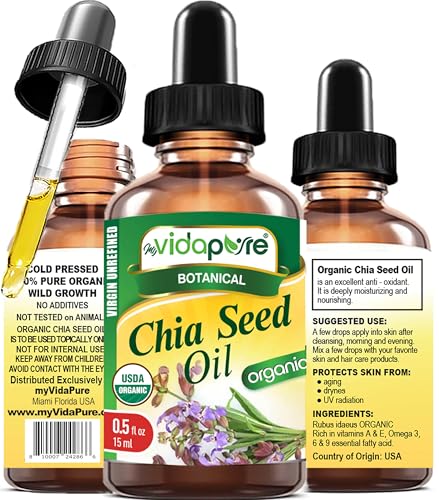 MYVIDAPURE Organic CHIA SEED OIL Certified Organic 100% Natural Pure VIRGIN UNREFINED Undiluted Cold Pressed Carrier oil 0.5 Fl oz 15 ml for Face Skin Body Hair Lip Nails Anti-Aging Rich in Vitamin E