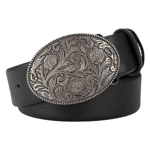 Western Cowboy Belt for Men, Leather Belt Silver Engraved Pattern Buckle Head Vintage Beltfor Dress Jeans,Black,115CM/45.3''