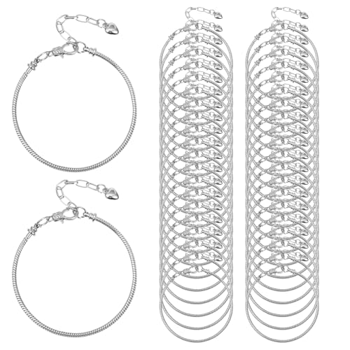 Molain 40 Pieces Silver Snake Charm Bracelet Chains, 7.87 Inch Adjustable Jewelry Making Charm Bracelet with Heart Extender Chains for DIY Women Gifts