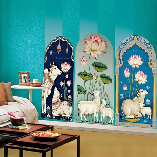 Image of Ridit Creation Sacred Cow & Lotus Flower Wall Poster Set of 3 | Traditional Indian Spiritual Wall Art with Temple Arch Design | Decorative Religious Posters for Living Room, Bedroom, Pooja Room