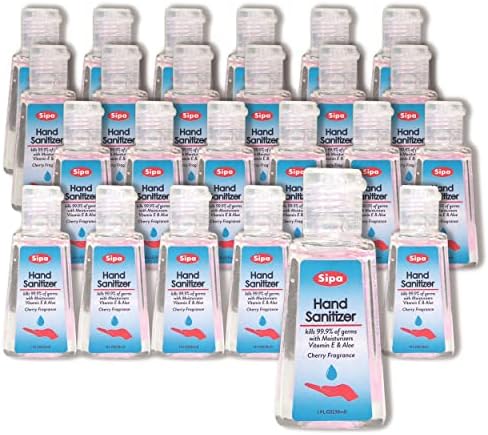 SIPA Hand Sanitizer Travel Size 1 oz/ 30 ml, Cherry Scent, Flip Cap Bottle each (Pack of 24), with 2 Keychain Hand Sanitizer Bottle Holder, Soothing Gel with Aloe and Vitamin E