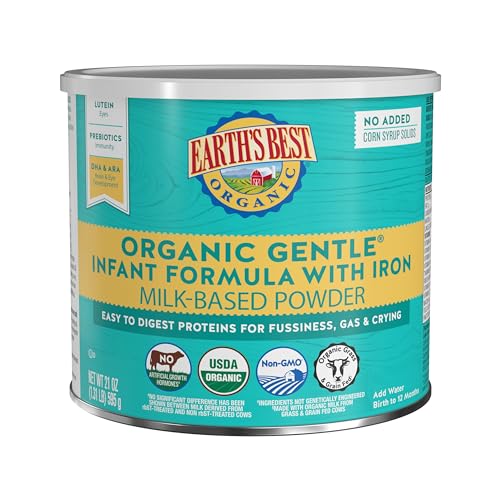 Earth’s Best Organic Gentle Infant Formula for Babies 0-12 Months, Milk-Based Powder Formula with Iron, Omega-3 DHA, and Omega-6 ARA, 21 Ounce Container