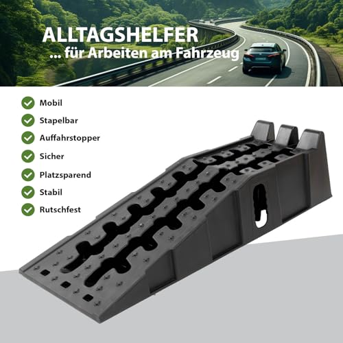 TRUTZHOLM 2 x Auffahrrampe Auffahrkeil mit Überfahrstopper 90 x 30 x 21,5 cm hochbelastbar 5t Traglast Kunststoff Stapelbar für Wohnmbil PKW SUV rutschfeste Rampe für jeden Untergrund schwarz