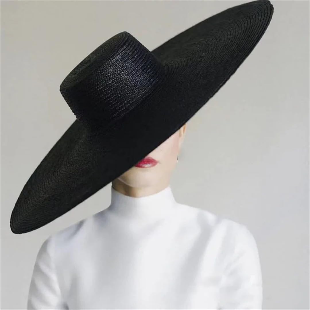 Women Wide Brim Straw Fedora Hat 18CM Flat Top Sun Hat French Retro Summer Outdoor Cap