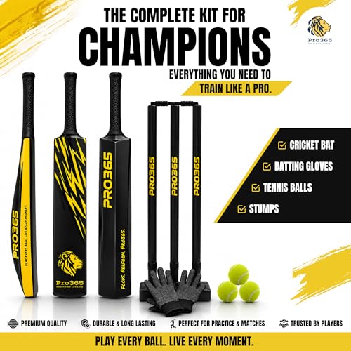 Image of PRO365 Full Big Size Premium Complete Cricket Kit - Full Length Bat | Premium Ball | Stumps with Stand | Gloves | Carry Bag | Outdoor & Indoor Cricket Set