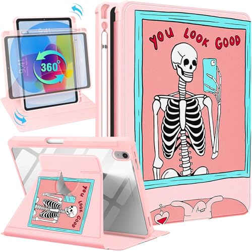 Uppuppy for iPad A16 Case - for iPad 10th Generation Case 10.9 Inch Cute Skull Skeleton Women Girls Fun Funny Gothic Goth Scary Horror Spooky Rotating Stand Folio Tablet Cover for Apple 10/11 2025