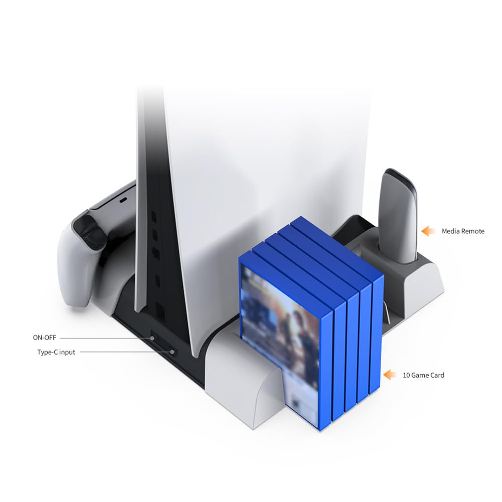 Soporte vertical y estación de refrigeración para PS5 Pro/Slim con doble controlador de carga y organizador de juegos
