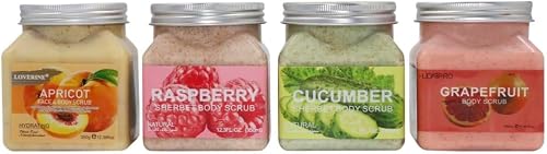 Fruity Sherbet Face and Body Scrub Set, Deep Exfoliating, Apricot, Raspberry, Cucumber and Grapefruit, 4 Pack