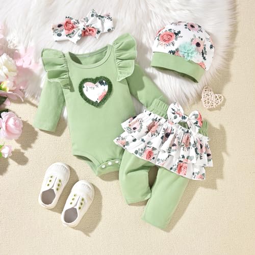 fioukiay Newborn Baby Girl Clothes Infant Girls Floral Love Printed Romper and Ruffle Pants Sets 4pcs Winter Fall Outfits2