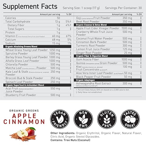 Image of Kaged Organic Greens Powder | Apple Cinnamon | Outlive 100 Superfood & Greens Powder | Apple Cider Vinegar, Supergreens, Ashwagandha | Vitamins & Minerals | Supplements for Men & Women | 30 Servings