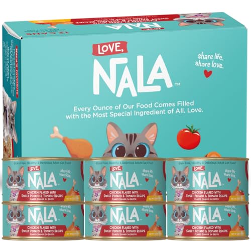 Image of LOVE, NALA - Natural Adult Cat Wet Food - FLAKED Chicken, Sweet Potato, Tomato in Broth - Grain Free, Non-GMO, Digestive Fiber, Vitamins, Minerals - 12 Pack 2.4 lbs.