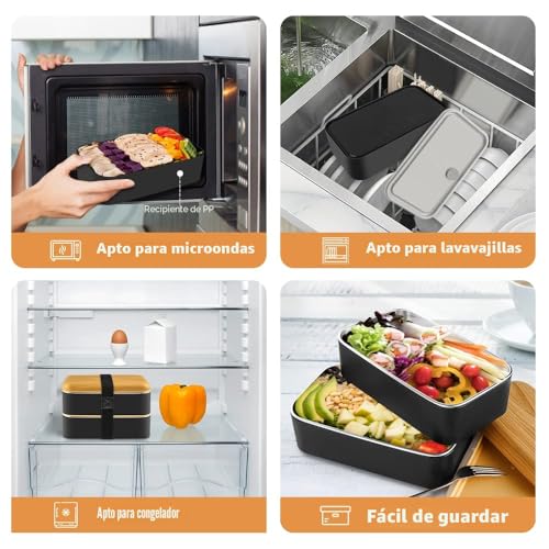 Miniatura 6 de Holipot Fiambrera, Bento Lunch Box Estilo Japonés Con Bolsa Termica Porta Alimentos, Cuchara Y Tenedor Para Adultos Niños