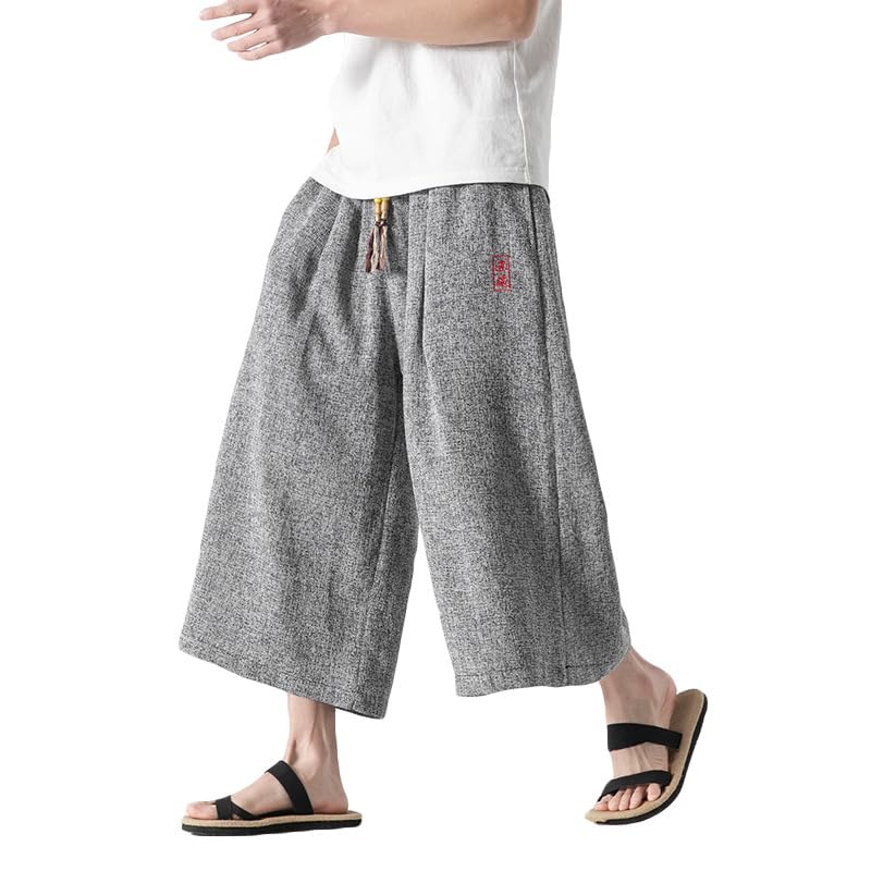 GUOYUXIAO Men's Pants Summer Embroidered Ice Silk Capri Wide-Leg Trouser 6