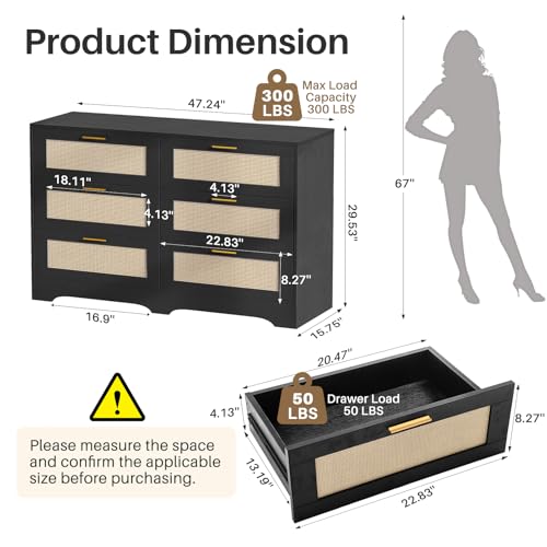 Image of Redlife 6 Drawer DresserBlack, Chest of Drawer for Bedroom, Wood Storage Boho Dresser with Golden Handles, Beside Table for Closet, Living Room, Hallway and Entryway, Black and Natural