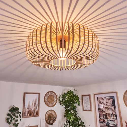 HOFSTEIN Deckenleuchte Wemude, runde Deckenlampe aus Metall, Wohnzimmer, Schlafzimmer Lampe, Retro-Leuchte, Beige/Hellbraun 1-flammig, E27-Fassung, Lichteffekt durch Gitter-Optik, Durchmesser 40 cm