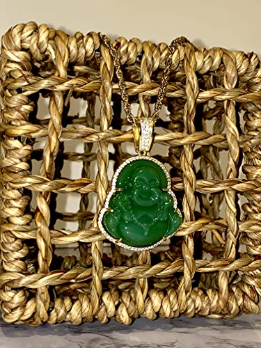 Iced Laughing Buddha Green Jade Pendant Necklace Rope Chain Genuine Certified Grade A Jadeite Jade Hand Crafted, Jade Necklace, 14k Gold Filled Laughing Jade Buddha Necklace, Jade Medallion, Fast Prime Shipping3