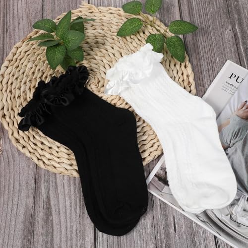 Image of Ruffle Socks for Woman, 4 Pairs Cute Crew Casual Cotton Frilly Socks Classic Solid Color Breathable Knit Trim Dress Sock, White & Black