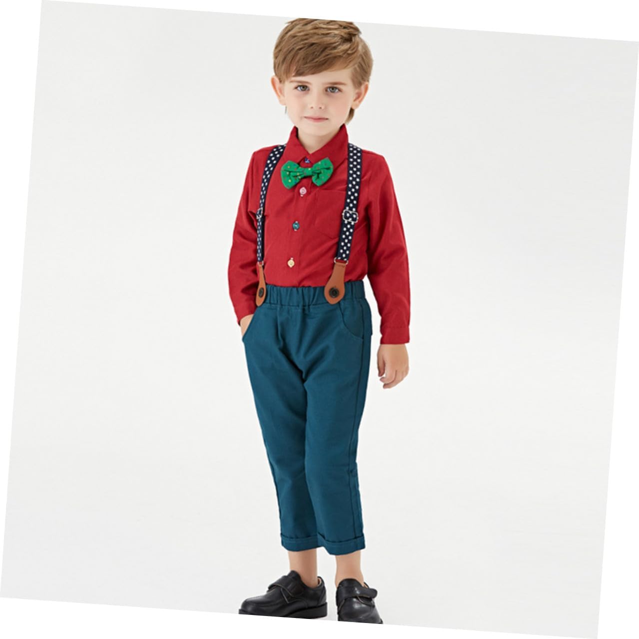 BESPORTBLE ’s Christmas Clothing Set Bow Tie Long-sleeve Shirt with Red Suspender Trousers for Boys Height 100cm Holiday Festival Outfit