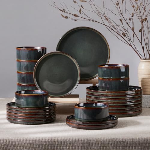 HaWare Dinnerware Sets, Plates and Bowls Set for 8, Reactive Pine Green