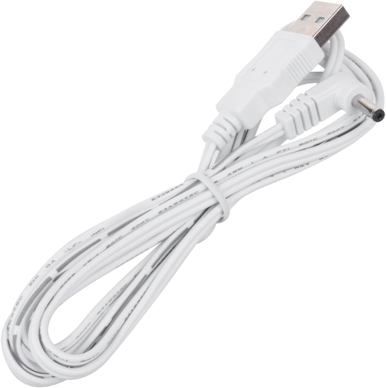 White USB power cable with a barrel connector