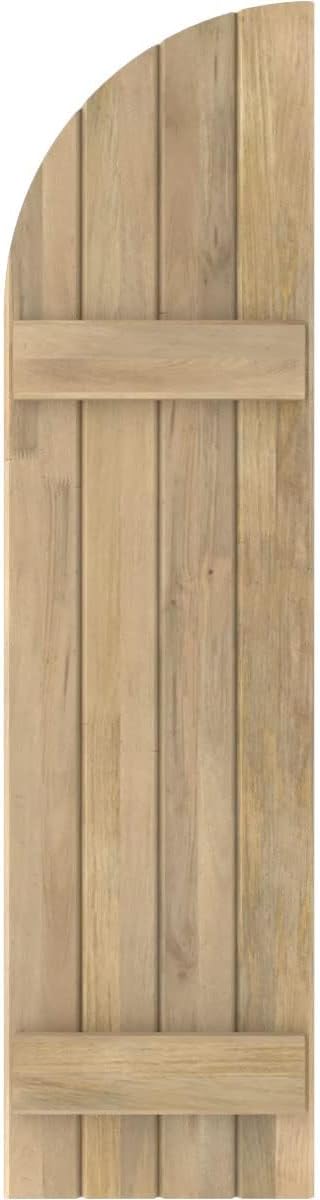 14"W x 62"H Americraft Four Board (2 Batten) Joined Exterior Real Wood Joined Board-n-Batten Shutters w/Arch Top (Per Pair), Unfinished