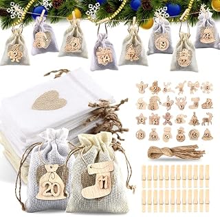 Christmas Advent Calendar Bags, 24pcs Christmas Jute Bags, Christmas Countdown Calendar Bag, Make Your Own Advent Calendar, DIY Advent Calendar Bags, with 24 Number Wooden Tags + Wooden Clamp + Cord