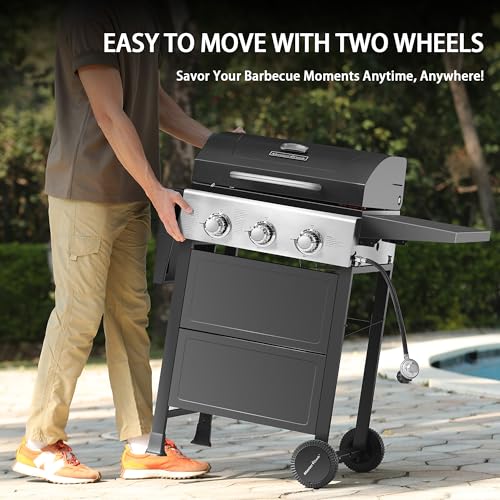 MASTER COOK 3 Burner BBQ Propane Gas Grill, Stainless Steel 30,000 BTU Patio Garden Barbecue Grill with Two Foldable Shelves