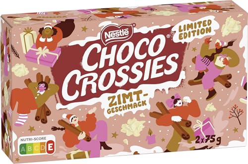Nestlé CHOCO CROSSIES Zimt, knusperleichte Flakes und knackige Mandeln umhüllt von zartschmelzender weißer Glasur und Zimtgeschmack, 1er Pack (à 2 x 75g)
