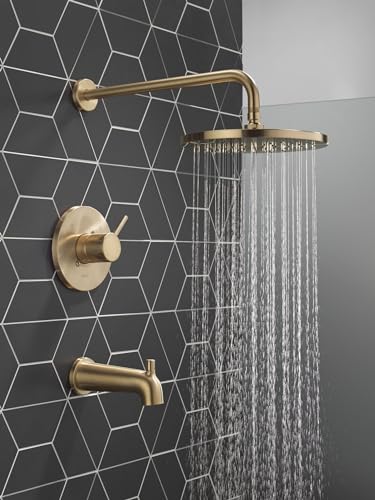 Image of Delta Modern 14 Series Round Rain Bathtub and Shower Faucet Set, Rainfall Brushed Gold Shower Head and Handle Set, Valve Trim Kit, 10 Inch, Champagne Bronze T14469-CZ-PP (Valve Not Included)