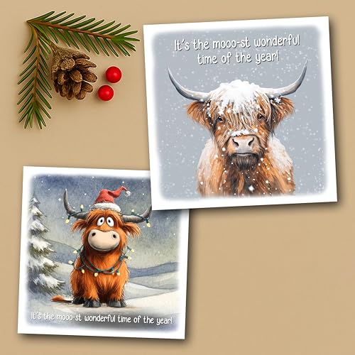 Funny Highland Cow Christmas Card – "Moo-st Wonderful Time of the Year" Festive Xmas Card