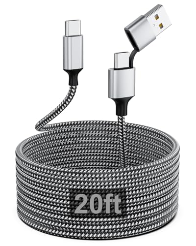 MTAKYA 20 FT Extra Long USB-C Charging Cable, 60W USB-C and USB-A to USB-C 2-in-1 Braided Fast Charging Cord for iPhone 15/16 Series, Android, iPad, MacBook, Pixel (20 FT)