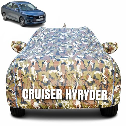 Image of 100% Waterproof Car Body Cover for Toyota Urban Cruiser Hyryder with Mirror Pocket (Heat & UV Resistant, Triple Stitched, Soft Lining, Bottom Elastic & Piping) Camouflage, Military Print