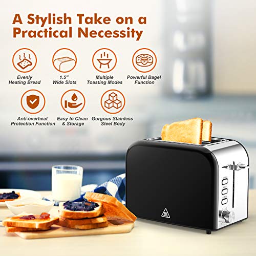 Toasters 2 Slice Best Rated Prime Wide Slot 2 Slice Toaster 1.5in with Bagel/Reheat/Cancel Function Stainless Steel Cool Touch Black Toaster for Bread with Removable Crumb Tray (Black)