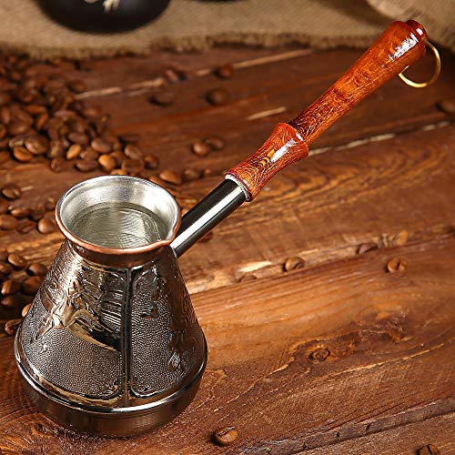 AEVVV Cafetera turca de cobre de 10 onzas – Estufa Cezve Ibrik decoración vintage grabada adorno deportivo – Cafetera griega Briki con mango de madera