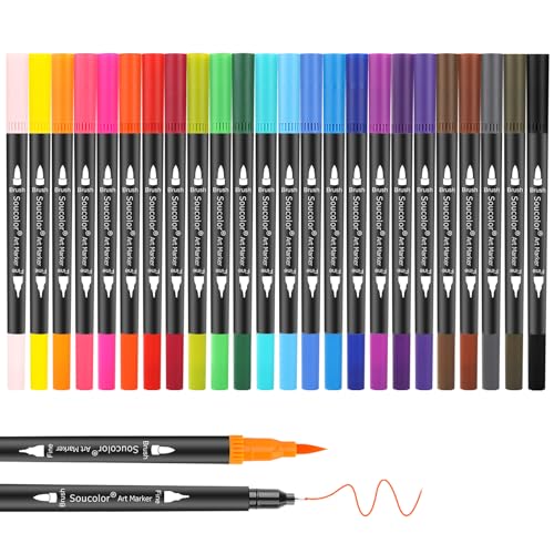 Image of Soucolor 24 Dual Tip Brush Markers,Water-Based Art Pens,for Coloring Books | 24 Vibrant Water-Based Colors,Brush + Fine Tip,Color-Coded,Plastic Case,Lettering,Coloring Books,Kids &Adults.