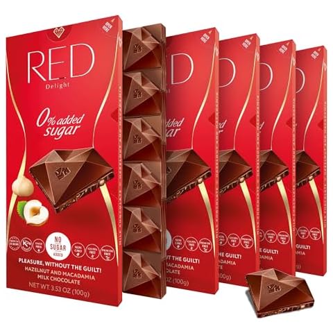 Red Delight Hazelnut and Macadamia Milk Chocolate Bars - 3 oz, Pack of 6 Full Size Chocolate - Low Carb Kosher Non-GMO No Added Sugar Gluten Free Healthy Chocolates - European-Made Vegan Chocolates Cover