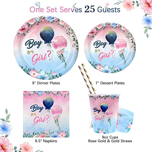 Heboland Gender Reveal Decoration Plates Set for 25 Guests, 125 Pieces of Paper Plates Cups Napkins Straws Floral Balloons Boy or Girl Tableware Set Gender Reveal Party Supplies