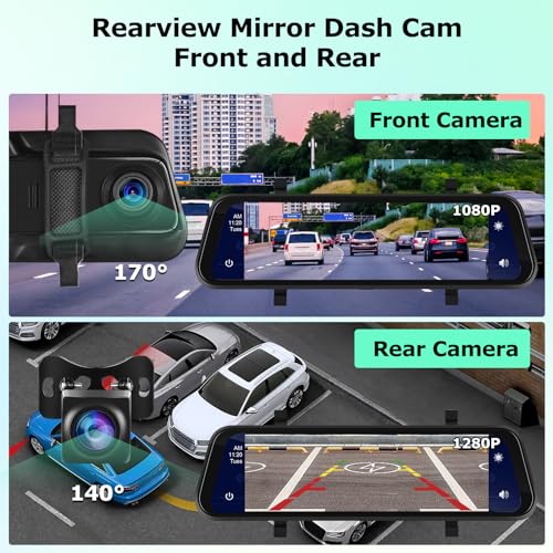 9.66 inch Rear View Mirror Camera - Wireless Apple Carplay & Android Auto - 1280 * 720P Dash Cam Front and Rear View Dual 1080P Cameras - Voice Control, Night Vision + Backup Camera + 64GB TF Card - Thumbnail 5