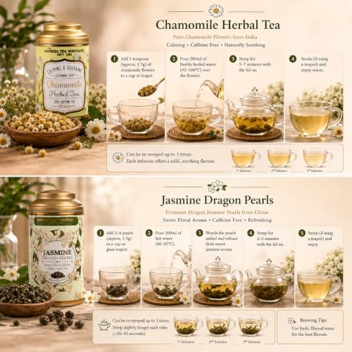 Image of Sancha Tea Boutique, Tea Combo Pack: Chamomile Flower, Caffeine Free Herbal, 50g & Jasmine Dragon Pearls Teas 50g, Loose Leaves