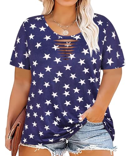 Image of CARCOS Plus Size Tops for Women Short Sleeve Shirts Basic Tee Solid Color Blouse V Neck Tunic Loose Fit Tshirts Summer XL-5XL