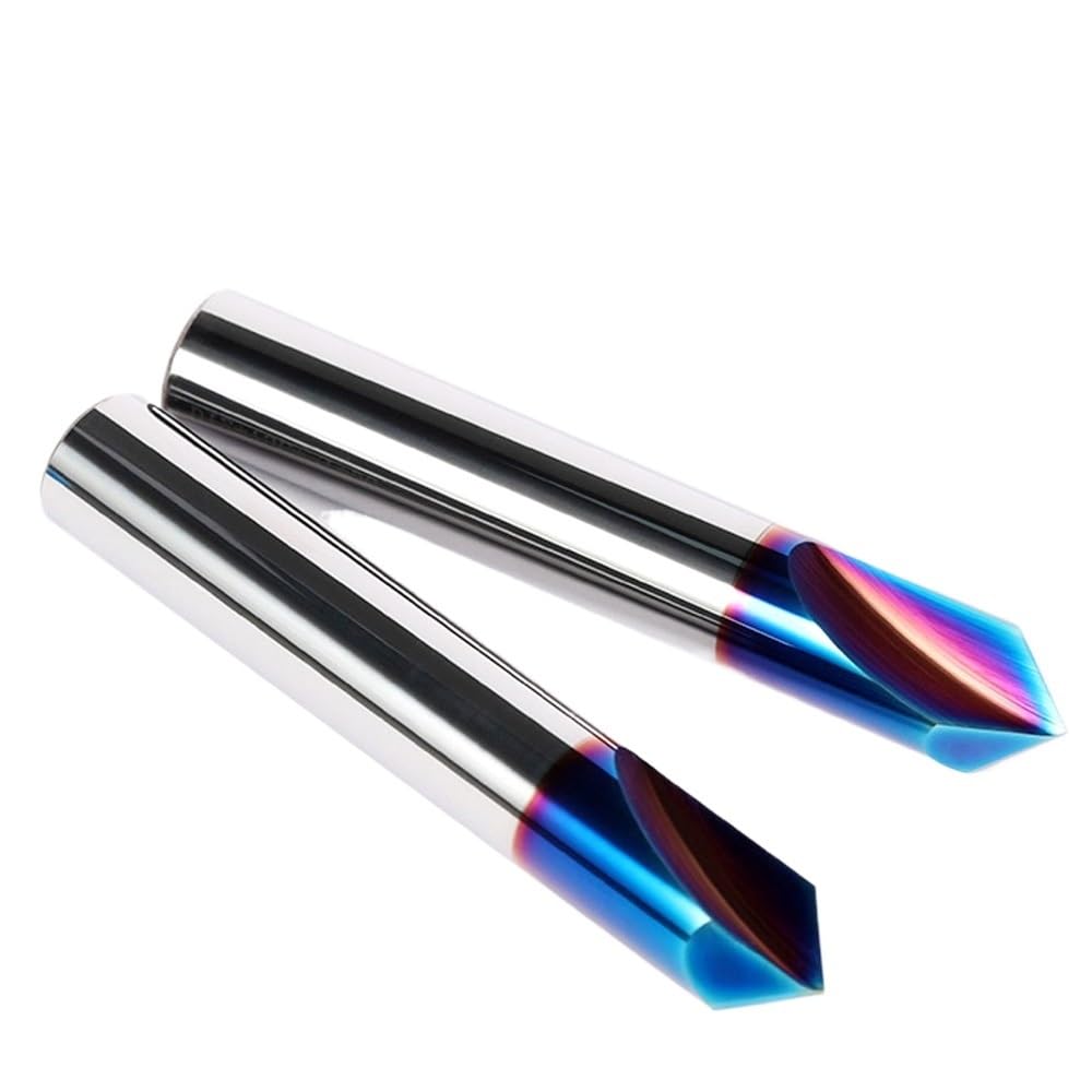 Fresa de carburo 90 grados for chaflán HRC65, ranura en V, 2-3 flautas, herramienta fresado metal con revestimiento azul nano for tallado, biselado y desbarbado(D10X75LX90R 2Flute)